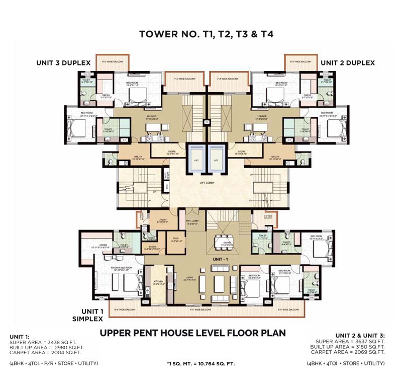 Pent House Level Floor Plan 4Bhk + 4TOI + Store