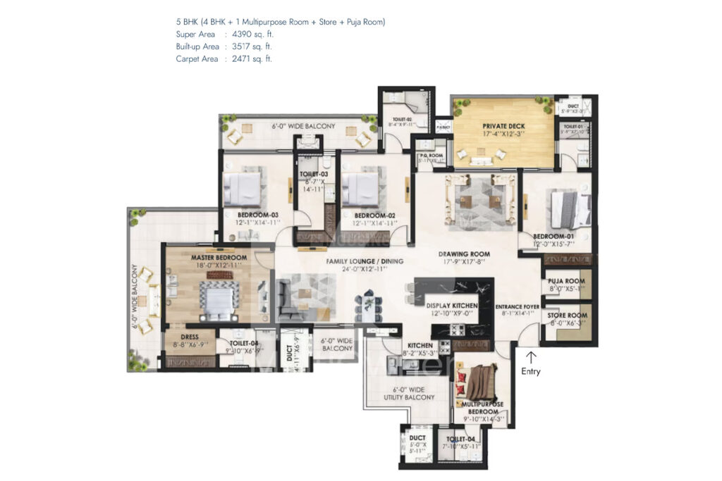 5 BHK (4+1) APARTMENT Super Area - 4390 sq. ft. Covered Area - 3517 sq. ft. Carpet - 2471 sq. ft